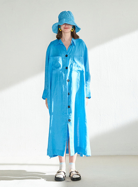 CUISUYUN独立设计师湖蓝色纽扣装饰亚麻长袖宽松衬衫连衣裙