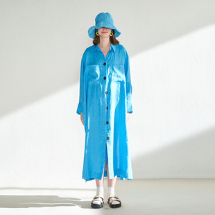 连衣裙 宽松衬衫 CUISUYUN独立设计师湖蓝色纽扣装 饰亚麻长袖