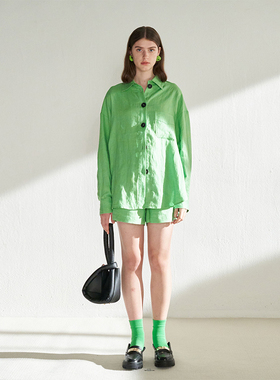 CUISUYUN独立设计师极光绿色纽扣装饰亚麻长袖宽松衬衫套装