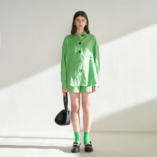 套装 宽松衬衫 饰亚麻长袖 CUISUYUN独立设计师极光绿色纽扣装