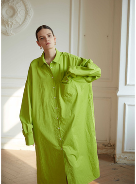 CUISUYUN新款独立设计师牛油果绿衬衫长连衣裙宽松时尚度假