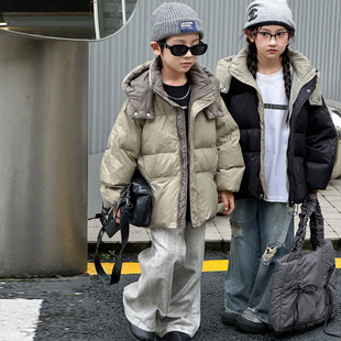 2025冬季儿童羽绒服短款连帽男女童中大童韩版加厚插肩袖羽绒外套