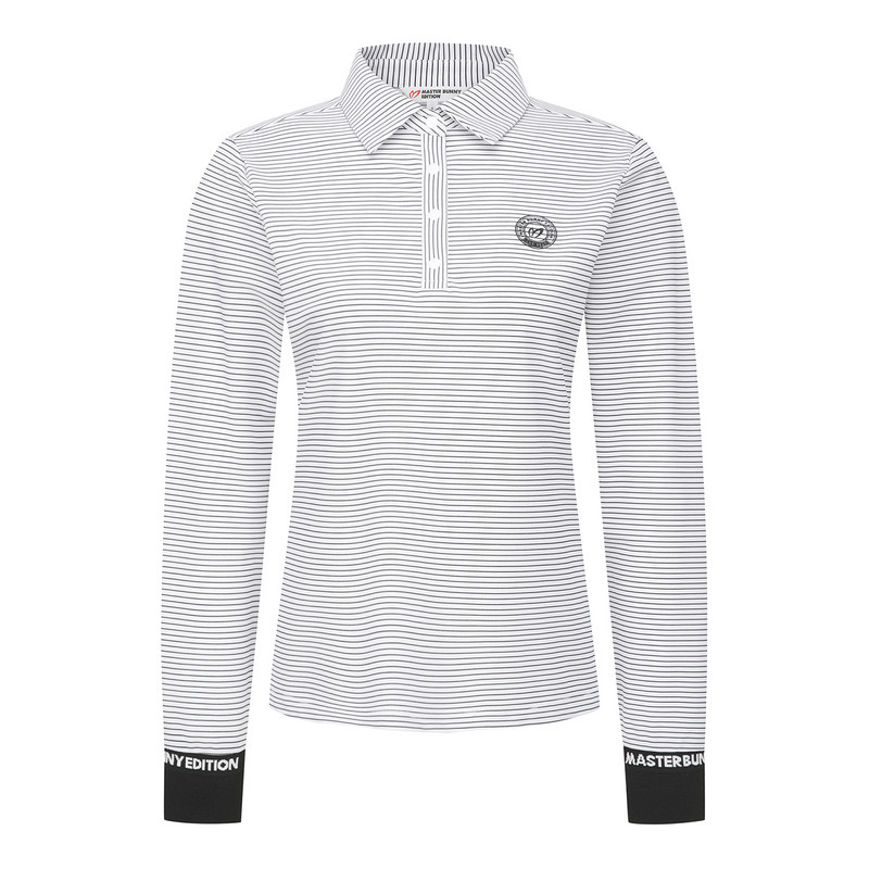 韩国代购MASTER BUNNY高尔夫球服26年女士春夏条纹半系扣长袖T恤