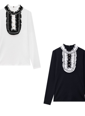 25女士秋冬韩国代购UTAA高尔夫球服标志配色百搭蕾丝立领长袖T恤