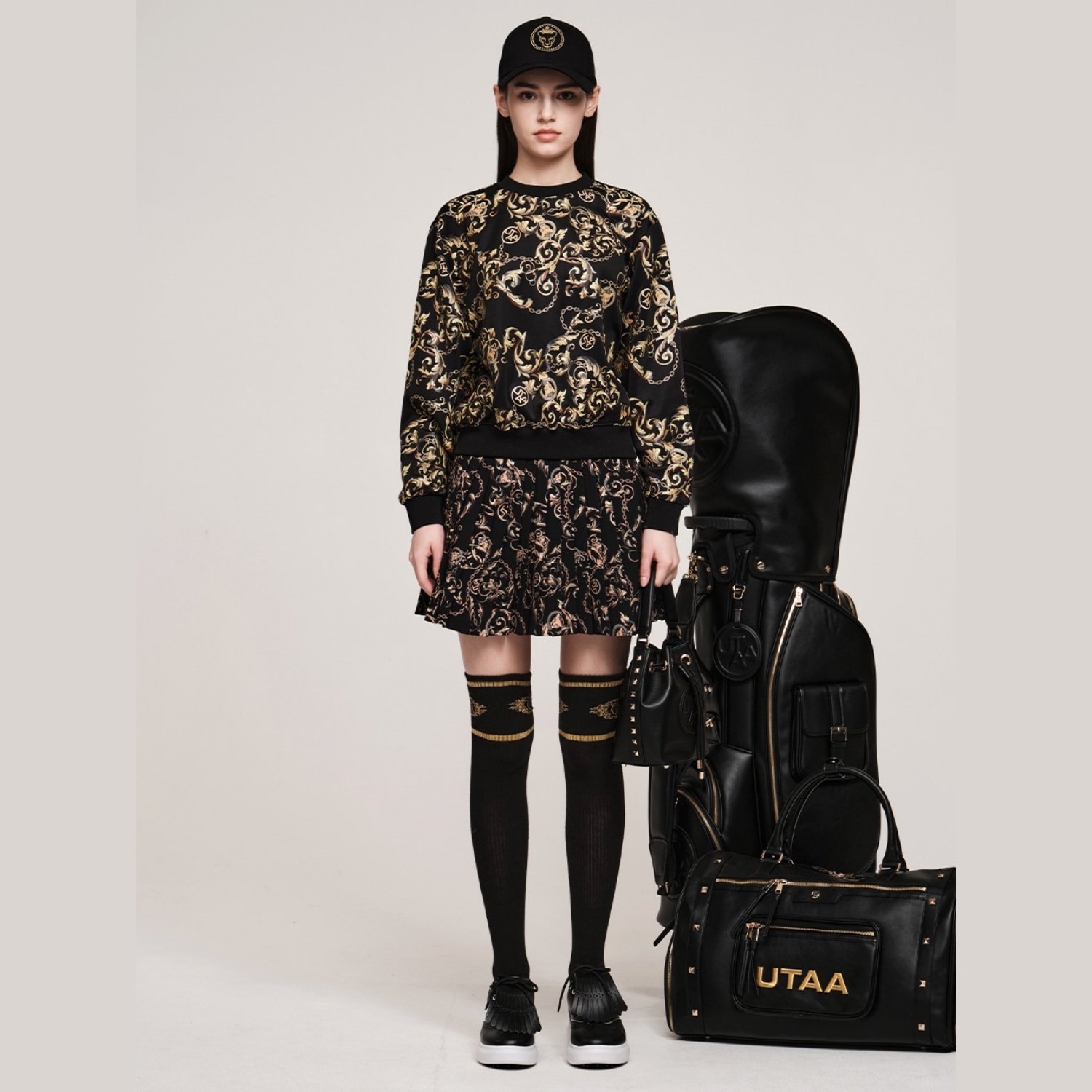 韩国代购UTAA高尔夫球服25女士秋冬运动百搭时尚图案印花褶皱短裙