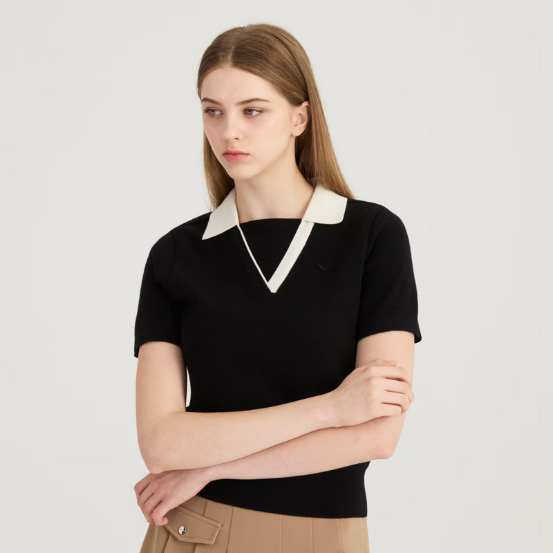 韩国代购Callaway卡拉威高尔夫球服25秋冬女士配饰翻领短袖针织衫