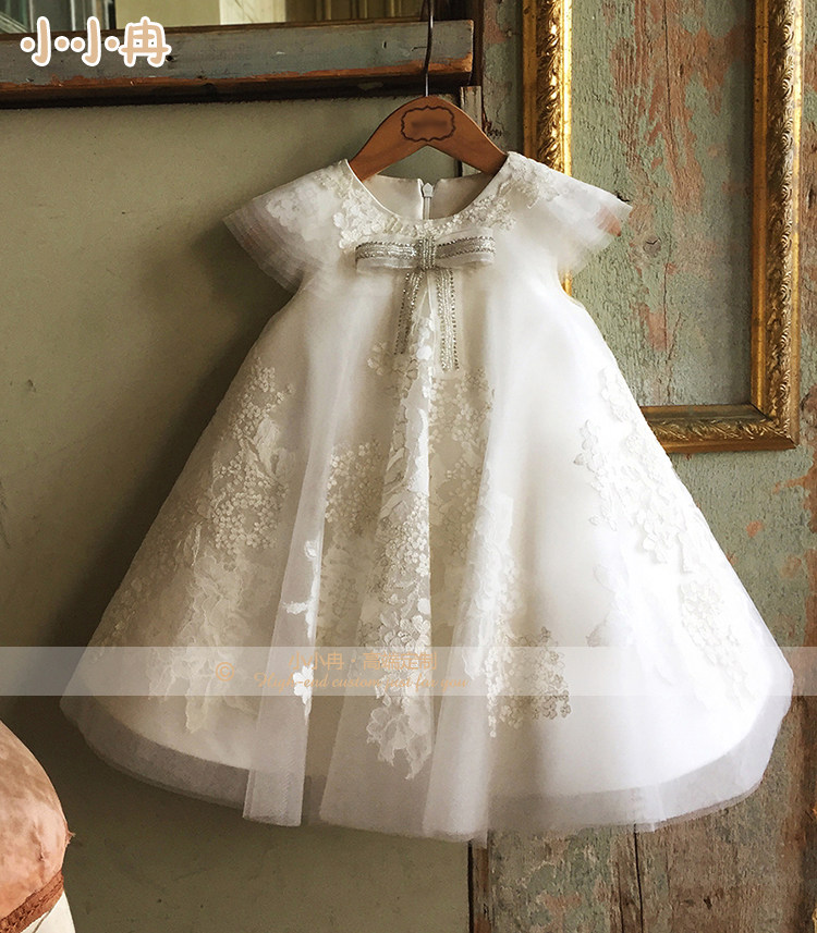 秋冬新款儿童A字版礼服贴花蓬蓬裙百天生日宴会贴花蕾丝公主裙ins