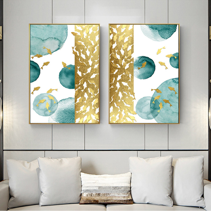北欧抽象金箔鱼群竖版中式水墨九鱼双联客厅玄关书房背景墙装饰画