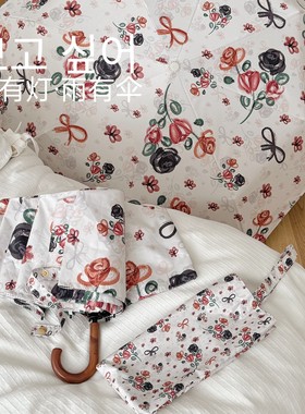 手绘花朵太阳伞女生手动弯钩木柄三折叠黑胶防晒遮阳复古文艺雨伞