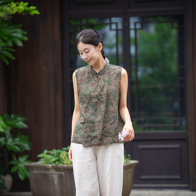 新中式绿色纯苎麻无袖衬衫背心