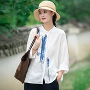 Mùa thu 2019 mới văn học lanh áo sơ mi trắng tay dài nữ thêu lỏng áo sơ mi cotton hoang dã và áo sơ mi nữ lanh - Áo sơ mi