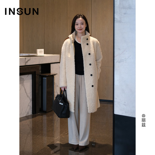 INSUN恩裳冬季慵懒感保暖松紧腰直筒羊毛休闲裤