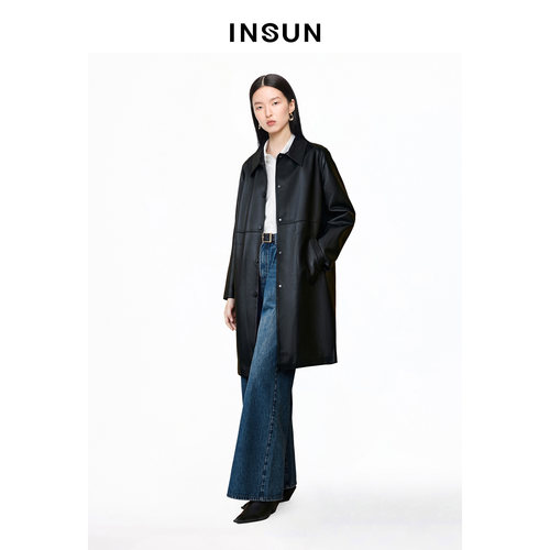 INSUN恩裳专选秋季极简风休闲长款羊皮皮衣