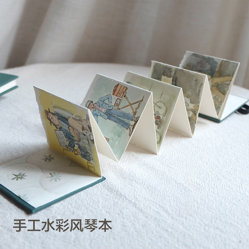 青谷迷你手工风琴本 300g棉浆纸温莎细纹随身插画水彩折页口袋本