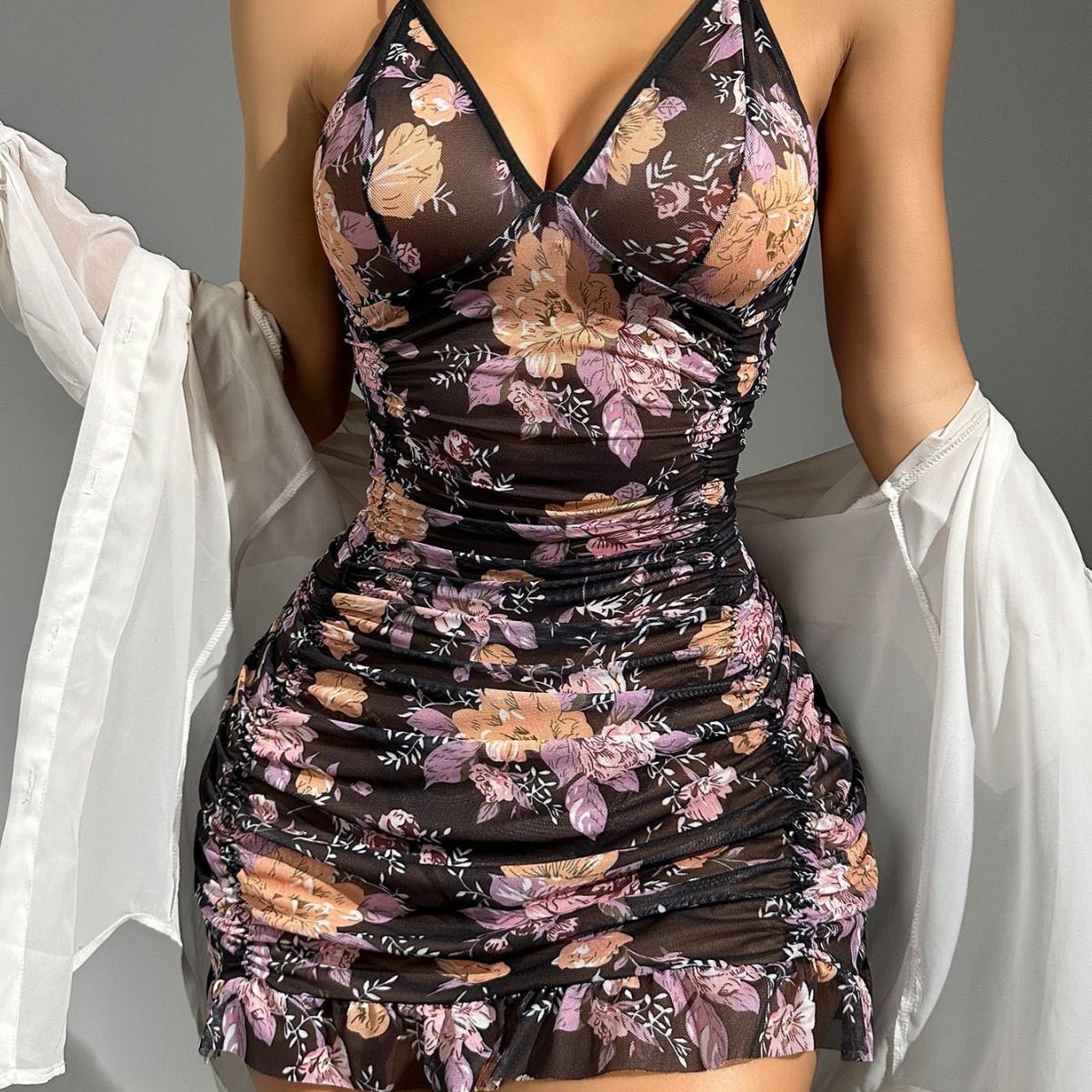 欧美风性感复古印花花朵吊带睡裙女荷叶边褶皱设计感修身低胸内衣,女装/女士精品,背心吊带,淘宝优惠券,粉丝福利购,淘宝优惠卷