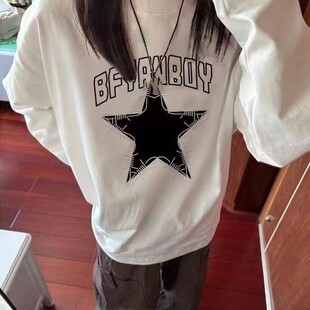 纯棉长袖学院ins慵懒BF风五角星女童T恤学生小个子韩版闺蜜装上衣