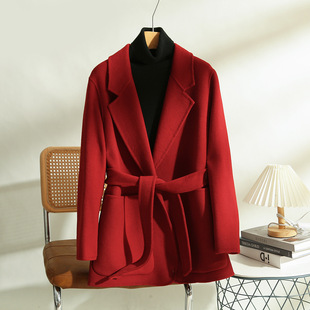 本命年红色双面羊毛大衣女中长款西装领收腰系带小个子毛呢外套冬