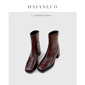 复古百搭瘦瘦靴方头显瘦秋冬新款 跟高6cm 高跟短靴粗跟弹力靴