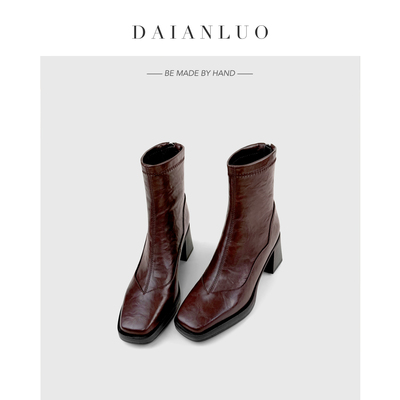 【跟高6cm】复古百搭瘦瘦靴方头显瘦秋冬新款高跟短靴粗跟弹力靴