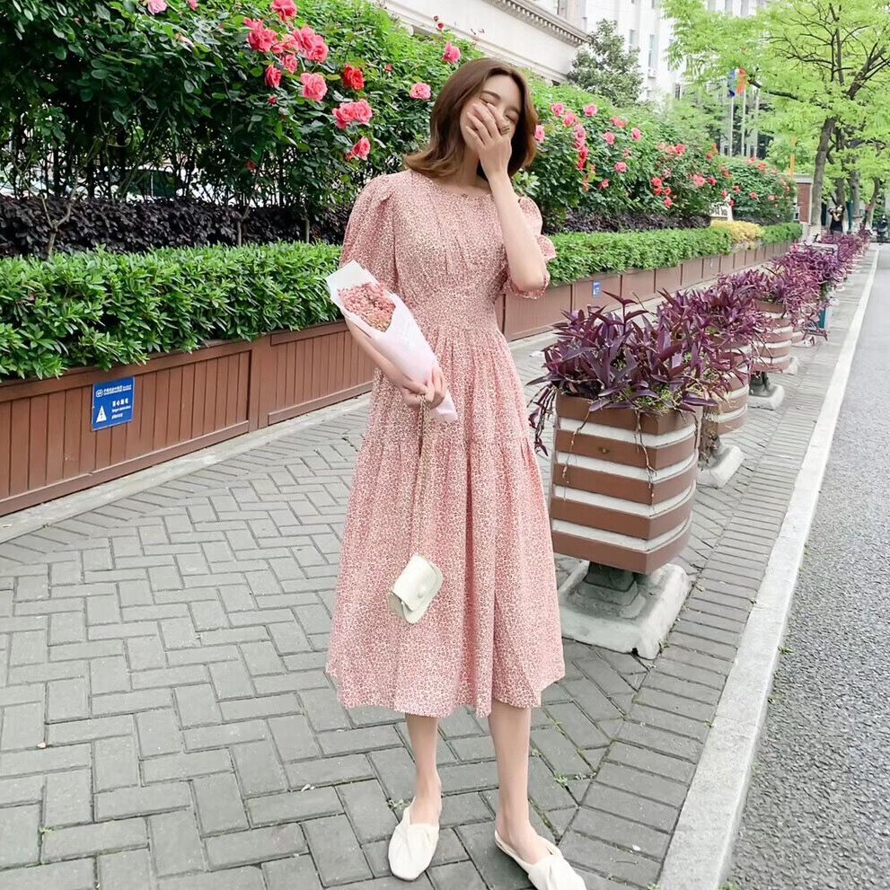 2020夏季新款韩版木耳边气质甜美超仙收腰显瘦高腰碎花雪纺连衣裙