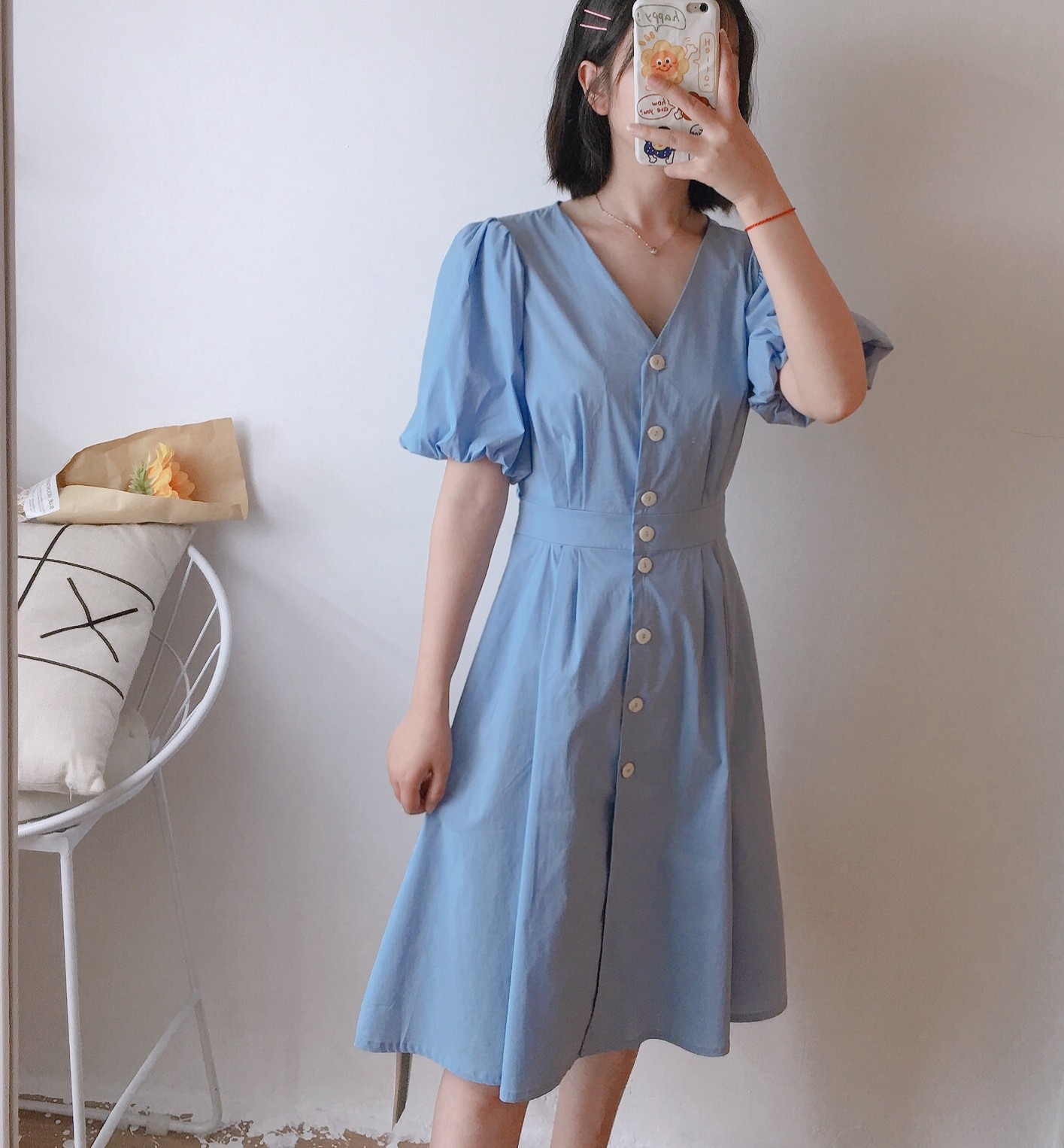 YEZI叶子家小清新甜美减龄森系文艺V领泡泡袖收腰显瘦连衣裙1233