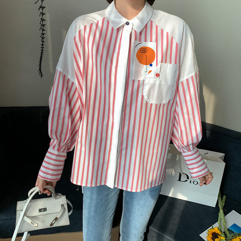 2020春装新款韩版宽松休闲条纹拼接长袖衬衫百搭设计感上衣潮女