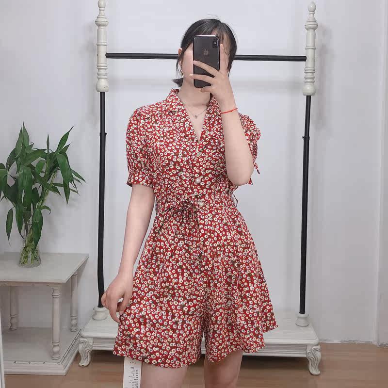 雪纺连体裤女2020夏季新款高腰西装领连衣裤小雏菊垂感阔腿裤短裤