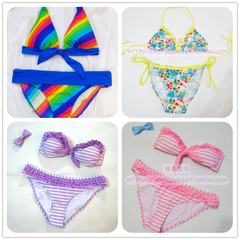 出口英国外贸原单女水玉圆点彩虹分体比基尼泳衣粉色带胸垫蝴蝶结