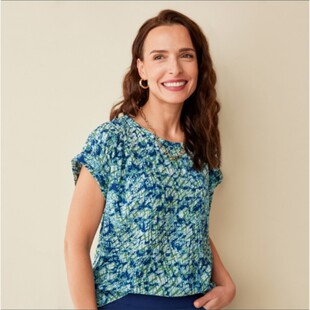 出口欧美外贸原单女夏季短袖通勤衬衣蓝绿印花圆领人造丝上衣宽松