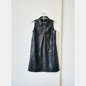 出口欧美外贸原单女秋冬无袖 翻领半拉链黑色PU皮中长款 连衣裙加绒