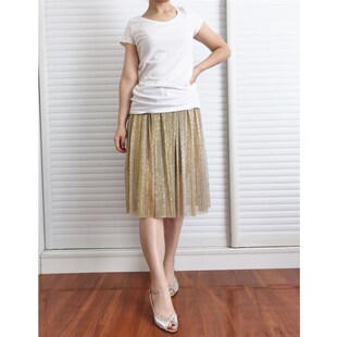 出口日本外贸原单女夏亮丝鎏金光泽松紧腰岛国半身风琴百褶半身裙