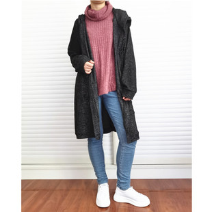 出口欧美外贸原单女春秋慵懒长袖连帽中长款薄绒无扣开衫风衣外套