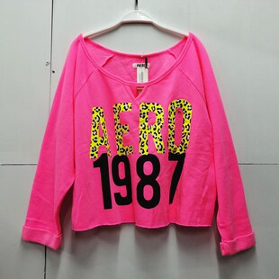 出口欧美外贸原单荧光粉女春秋圆领短款薄绒露脐宽松T恤套头卫衣t
