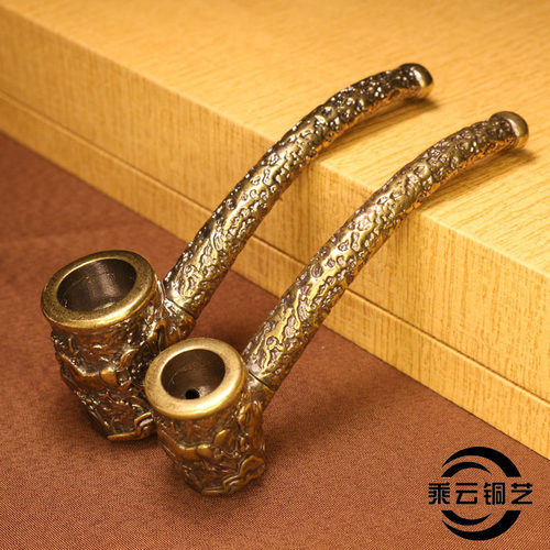 马到成功纯铜烟斗 男旱烟杆老烟嘴烟锅 老式弯型便携手工锅子烟具