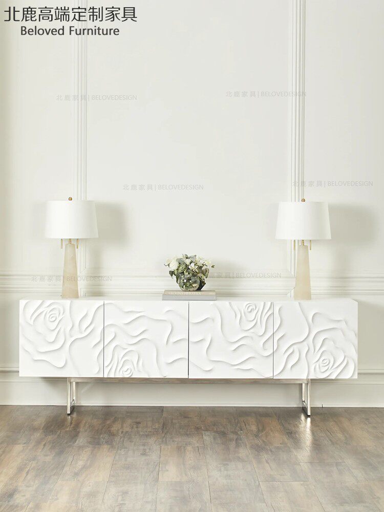 高端定制美式轻奢电视柜现代简约榉木客厅视听柜金属底座储物柜