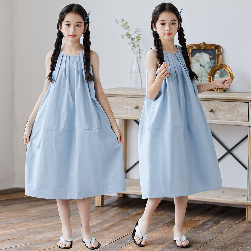 2025夏款韩国童装女孩衣服中大童纯棉系带百折连衣裙学院风休闲