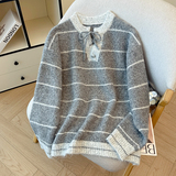 条纹含羊毛针织衫女拼色套头系带开领秋冬高级感撞色毛衣上衣，女装针织衫/毛衣，衣嘉衣服饰
