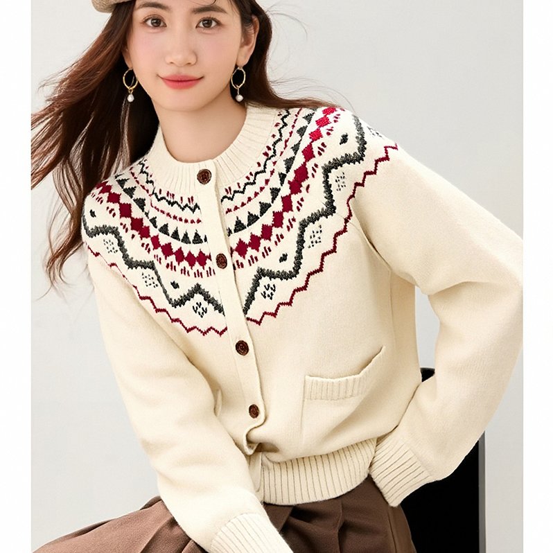 复古印花费尔岛圆领针织开衫女春秋宽松软糯亲肤百搭毛衣，女装针织衫/毛衣，衣嘉衣服饰