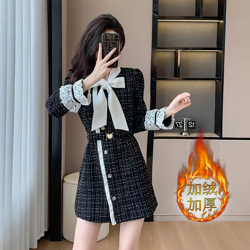 高端气质女神范蝴蝶结小香风2025秋季时尚收腰显瘦黑色裙子，女装连衣裙，衣嘉衣服饰