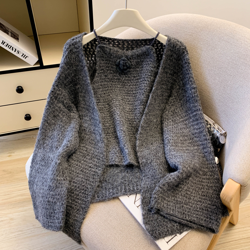 温柔慵懒风长袖针织开衫立体花朵吊带毛衣外套两件套上衣，女装针织衫/毛衣，衣嘉衣服饰