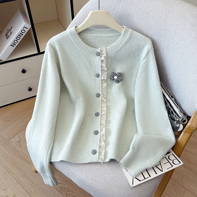 荷叶木耳边长袖毛衣女宽松叠穿针织开衫排扣外套温柔花朵上衣，女装针织衫/毛衣，衣嘉衣服饰