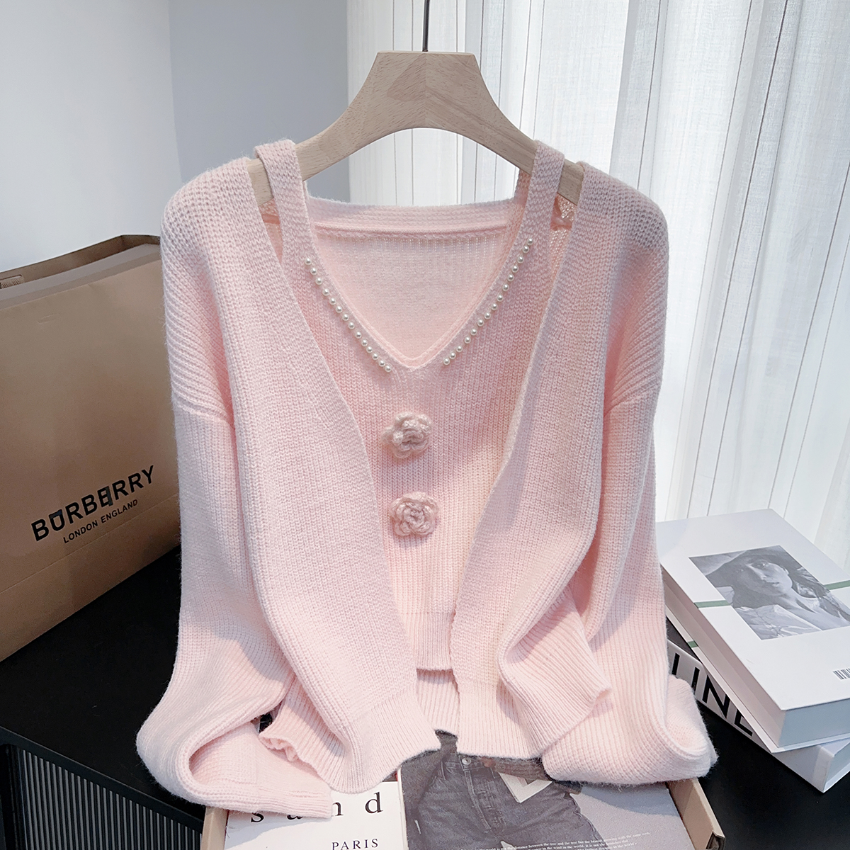 韩版甜美立体花朵重工钉珠毛衣套装女小众百搭漂亮针织开衫，女装针织衫/毛衣，衣嘉衣服饰