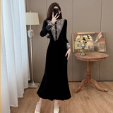 复古丝绒鱼尾小众气质御姐风新中式连衣裙，女装连衣裙，衣嘉衣服饰