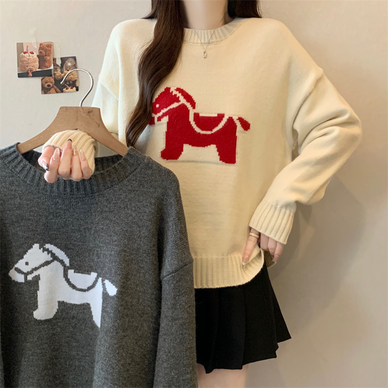 胖MM可爱提花小马图案全羊绒针织衫女冬季新款毛衣上衣，女装大码女装，衣嘉衣服饰