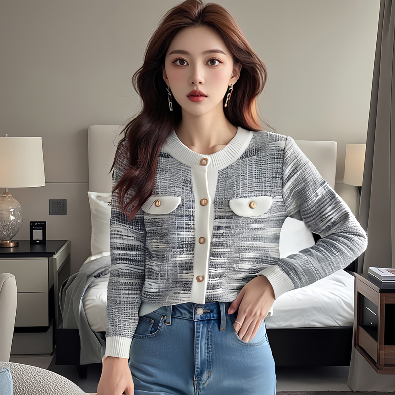 小香风毛衣外套女秋季短款温柔慵懒风法式气质撞色针织衫，女装针织衫/毛衣，衣嘉衣服饰