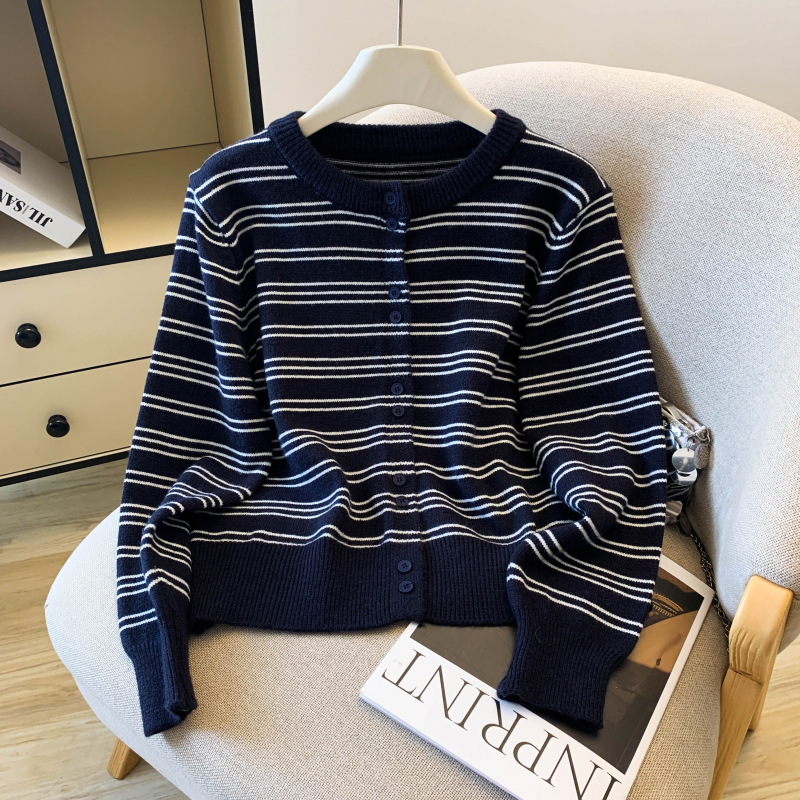 韩版东大门休闲百搭简约细条纹针织衫开衫毛衣外套女上衣，女装针织衫/毛衣，衣嘉衣服饰
