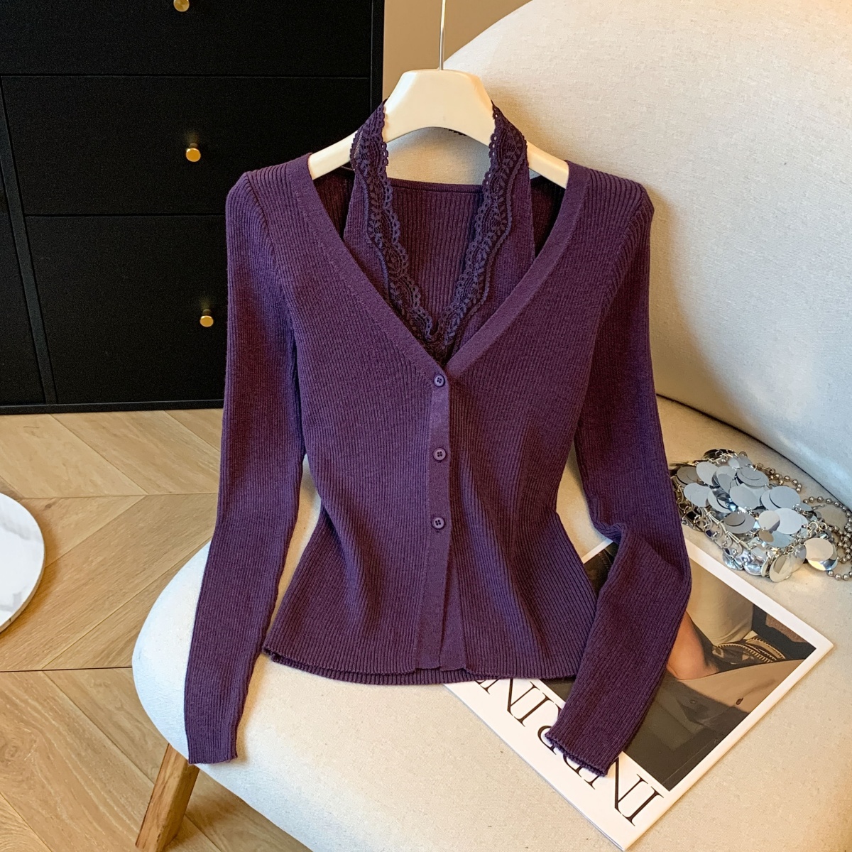 洋气假两件套针织长袖女秋冬季新款显瘦外穿内搭气质打底衫，女装针织衫/毛衣，衣嘉衣服饰