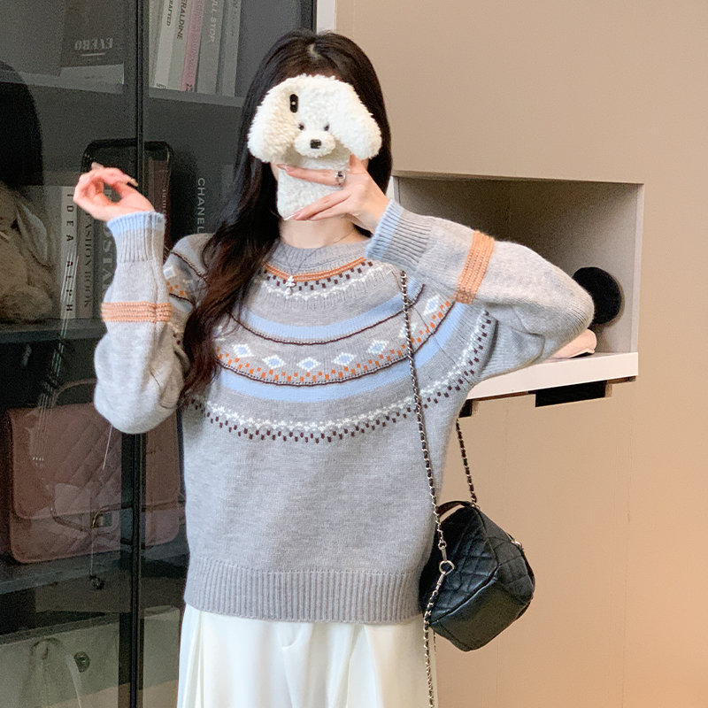 2025秋冬新款复古风针织衫北欧费尔岛套头圆领毛衣女，女装针织衫/毛衣，衣嘉衣服饰