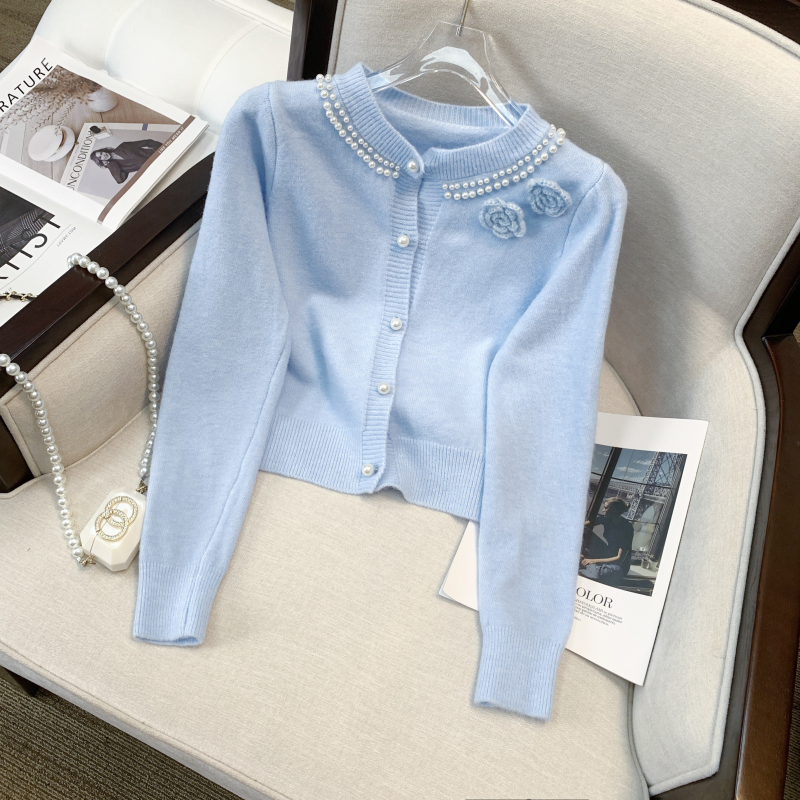 马卡龙浅色短款针织开衫女上衣珍珠立体花毛衣，女装针织衫/毛衣，衣嘉衣服饰