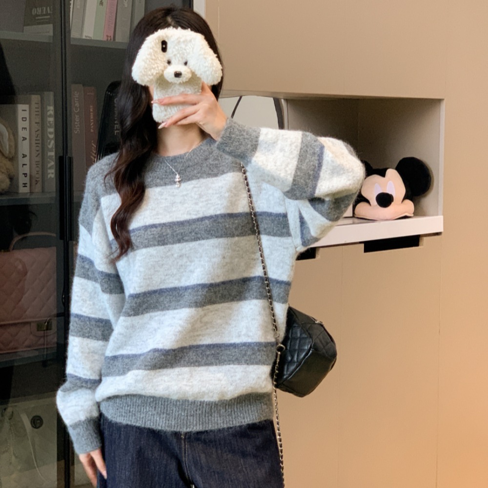软糯慵懒风套头毛衣女秋冬宽松超好看撞色条纹针织衫上衣，女装针织衫/毛衣，衣嘉衣服饰